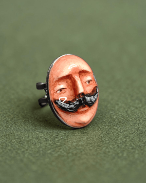 Man with Mustache Ring – Handmade Clay & Resin Surreal Statement Jewelry with Adjustable Stainless Steel Band - SAMA