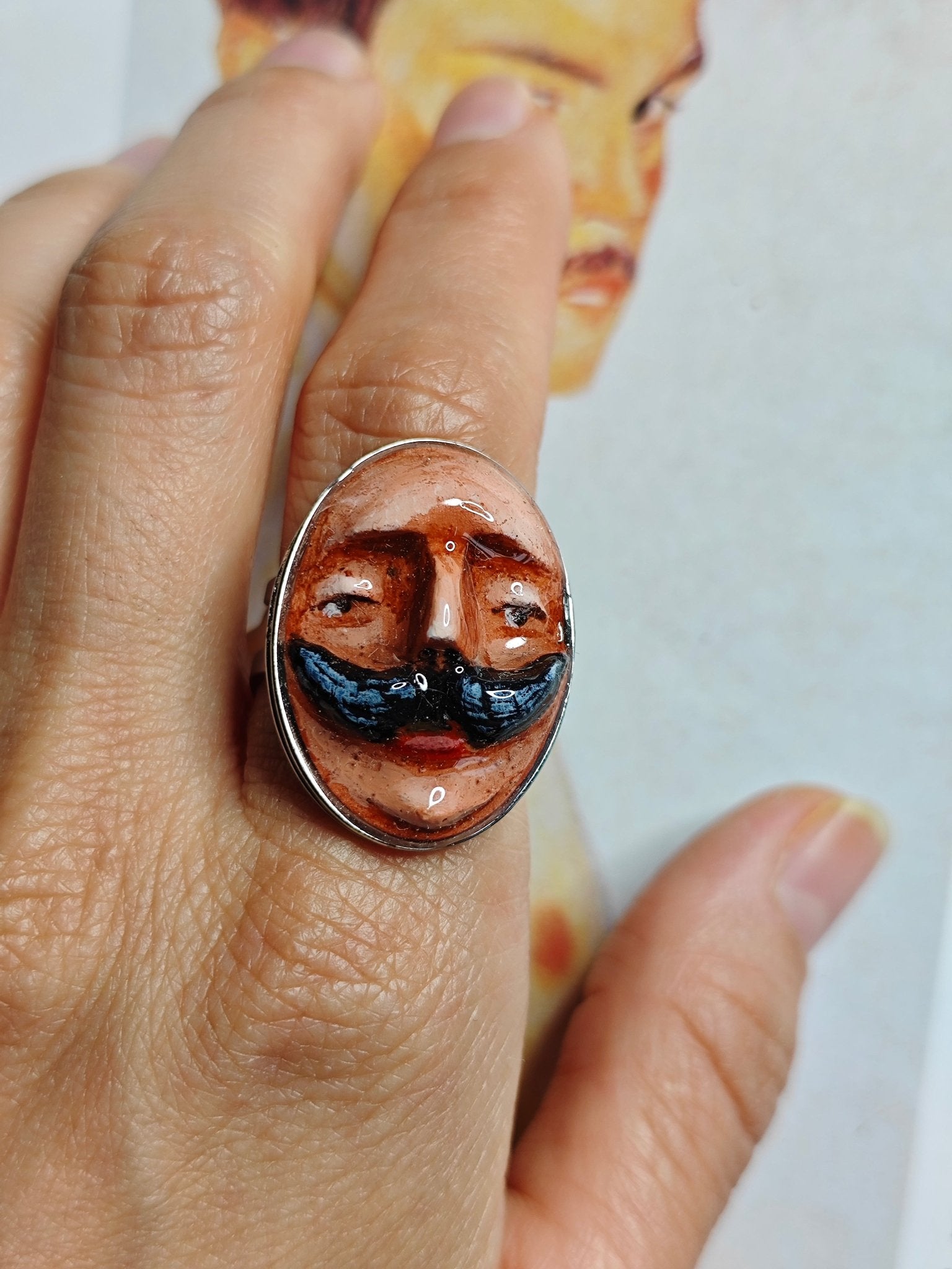 Man with Mustache Ring – Handmade Clay & Resin Surreal Statement Jewelry with Adjustable Stainless Steel Band - SAMA