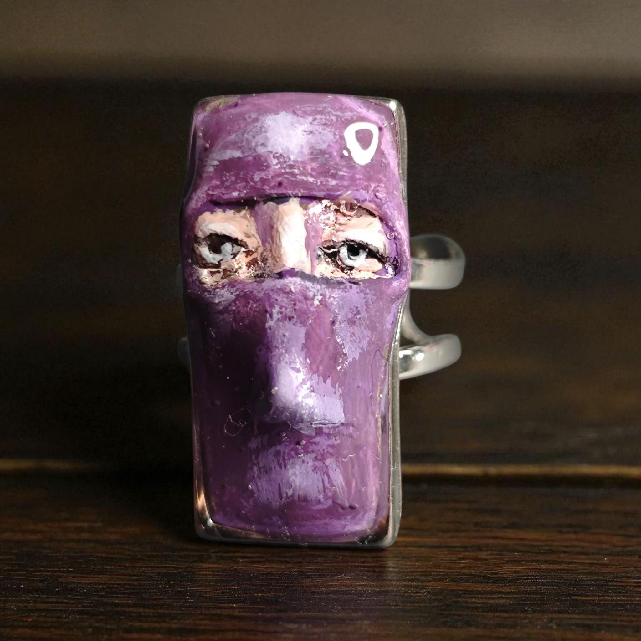 Masked Man Ring – Handmade Clay Surreal Statement Jewelry, Ninja-Inspired Sculptural Wearable Art on Adjustable Stainless Steel Band OOAK