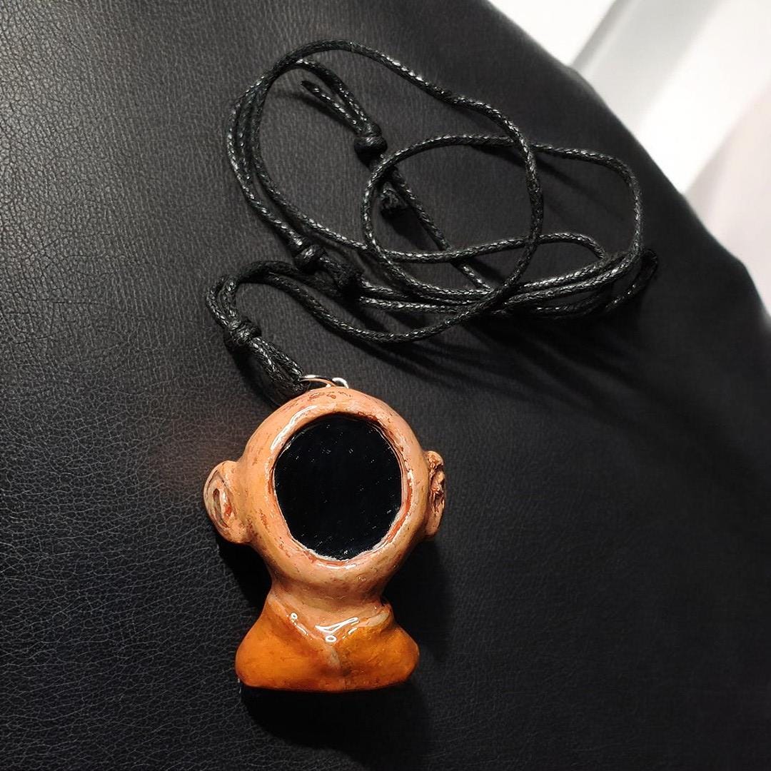 Mirror Face Necklace – Handmade Clay & Resin Surreal Statement Jewelry, Sculptural Fantasy Wearable Art OOAK
