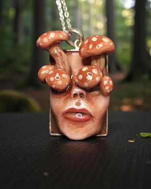 Mushrooms Sprouting Human Eyes Necklace – Handmade Clay & Resin Surreal Statement Jewelry, Sculptural Fantasy Wearable Art with Sterling Sil