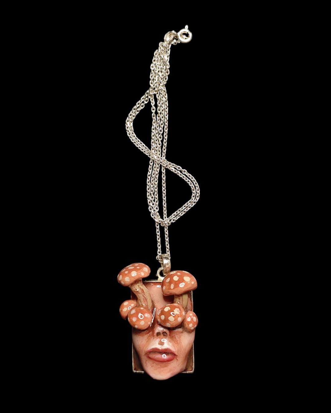 Mushrooms Sprouting Human Eyes Necklace – Handmade Clay & Resin Surreal Statement Jewelry, Sculptural Fantasy Wearable Art with Sterling Sil
