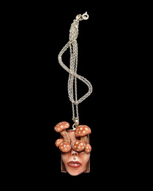 Mushrooms Sprouting Human Eyes Necklace – Handmade Clay & Resin Surreal Statement Jewelry, Sculptural Fantasy Wearable Art with Sterling Sil