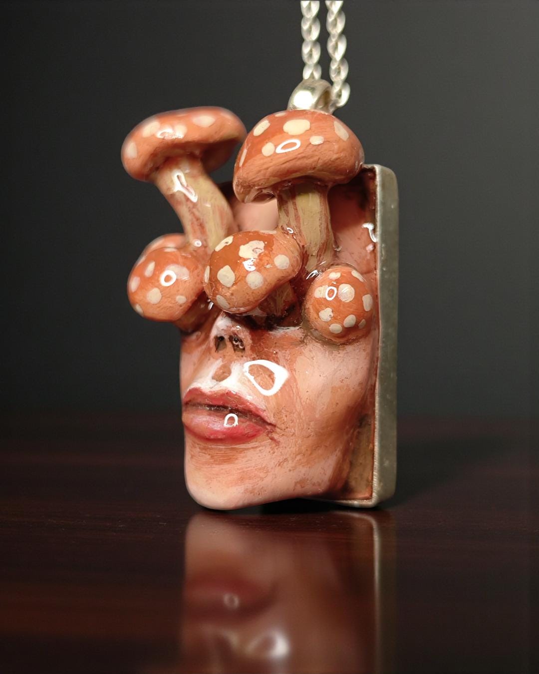Mushrooms Sprouting Human Eyes Necklace – Handmade Clay & Resin Surreal Statement Jewelry, Sculptural Fantasy Wearable Art with Sterling Sil