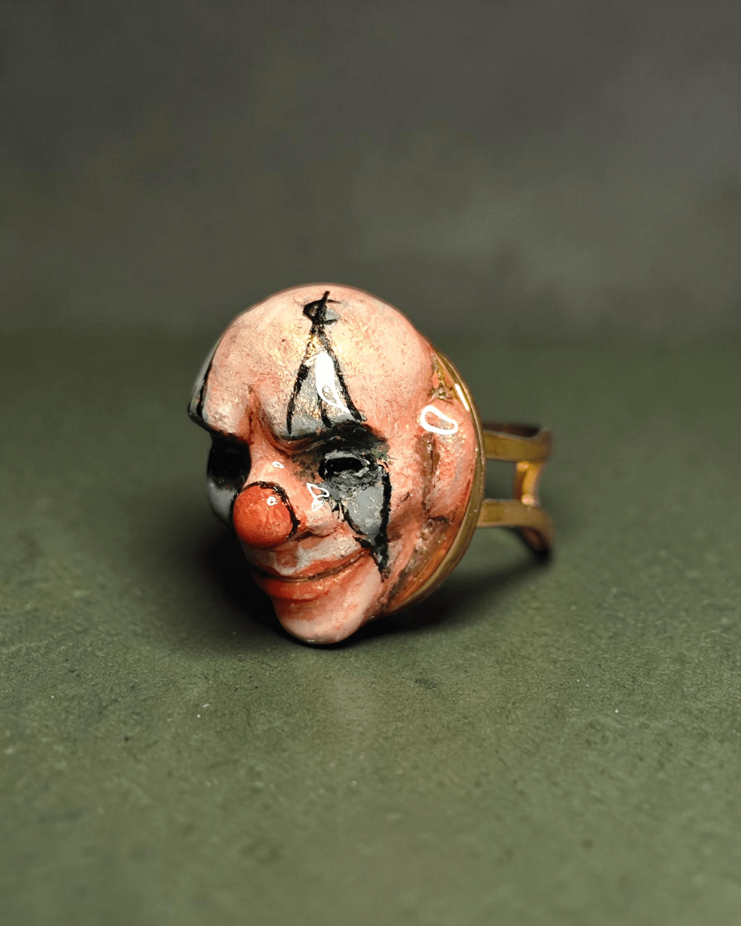 Mysterious Clown Ring – Handmade Clay & Resin Surreal Statement Jewelry with Adjustable Stainless Steel Band - SAMA