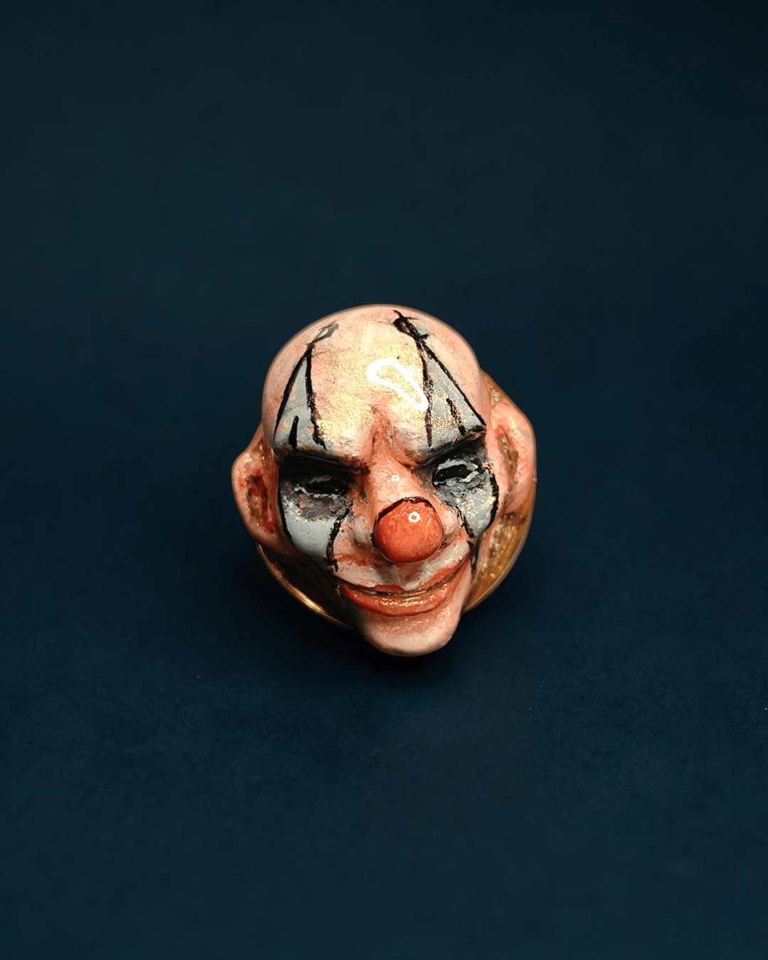 Mysterious Clown Ring – Handmade Clay & Resin Surreal Statement Jewelry with Adjustable Stainless Steel Band - SAMA