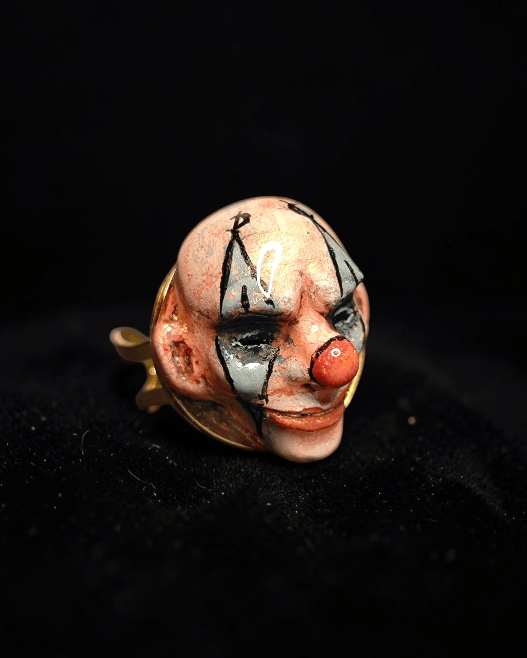 Mysterious Clown Ring – Handmade Clay & Resin Surreal Statement Jewelry with Adjustable Stainless Steel Band - SAMA