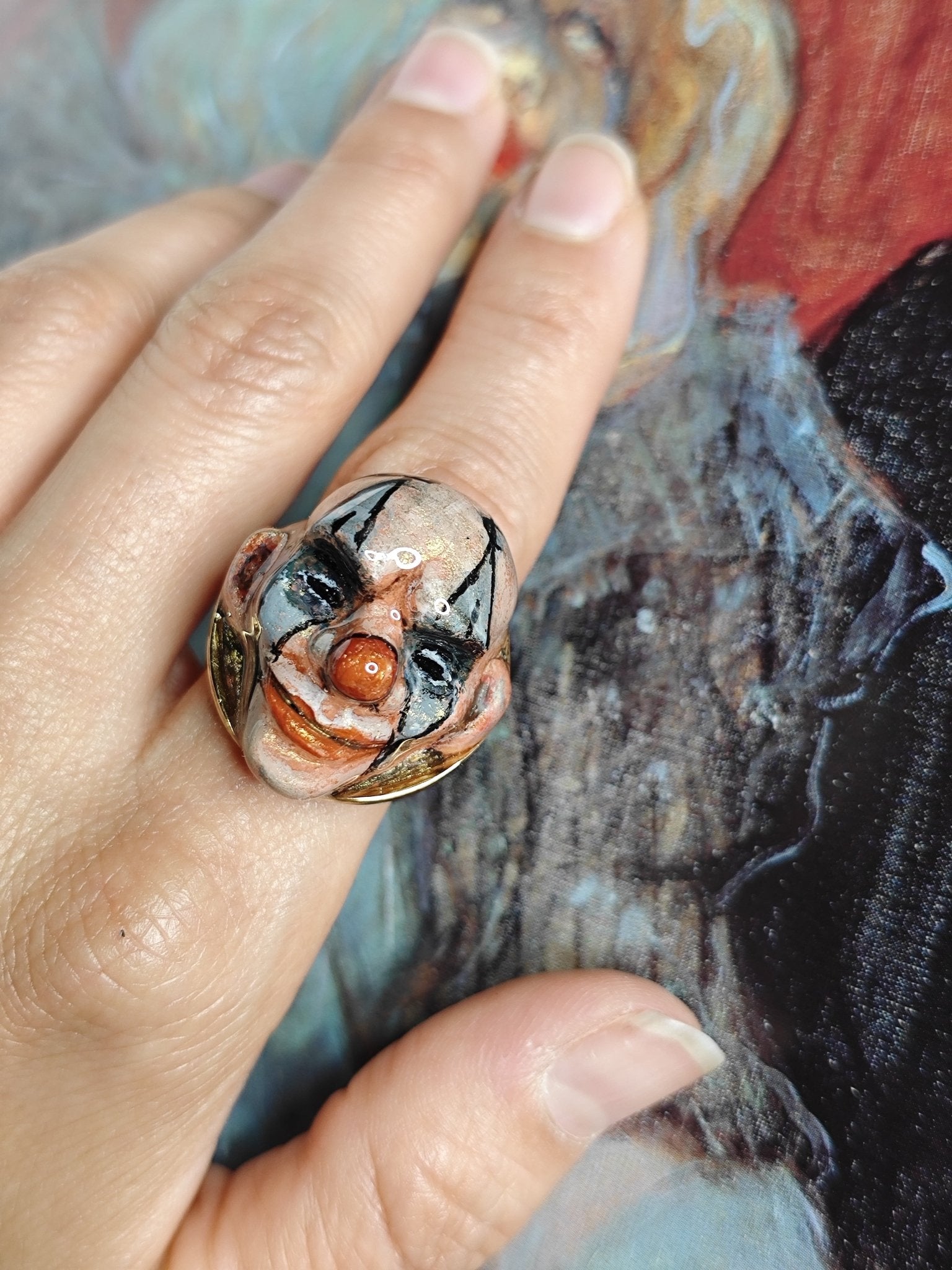 Mysterious Clown Ring – Handmade Clay & Resin Surreal Statement Jewelry with Adjustable Stainless Steel Band - SAMA