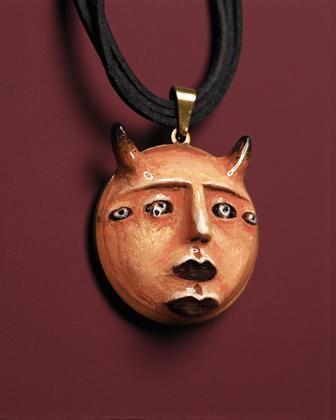 Mystic Horned Face Necklace – Sculptural Fantasy Wearable Art with Stainless Steel Pendant - SAMA