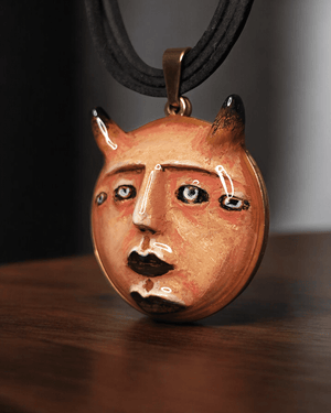 Mystic Horned Face Necklace – Sculptural Fantasy Wearable Art with Stainless Steel Pendant - SAMA