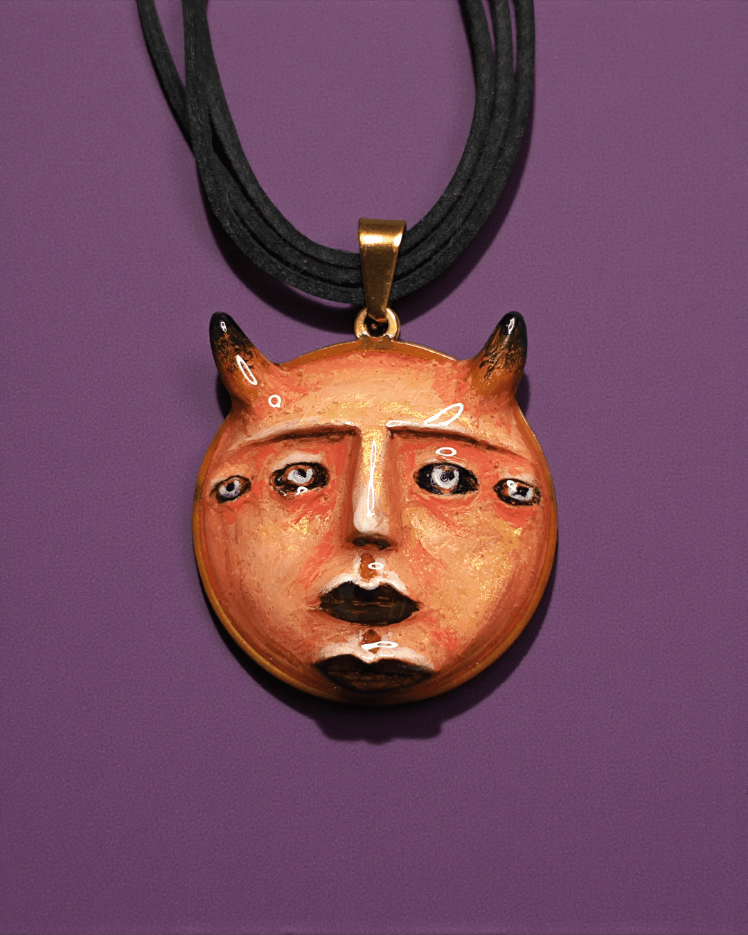 Mystic Horned Face Necklace – Sculptural Fantasy Wearable Art with Stainless Steel Pendant - SAMA