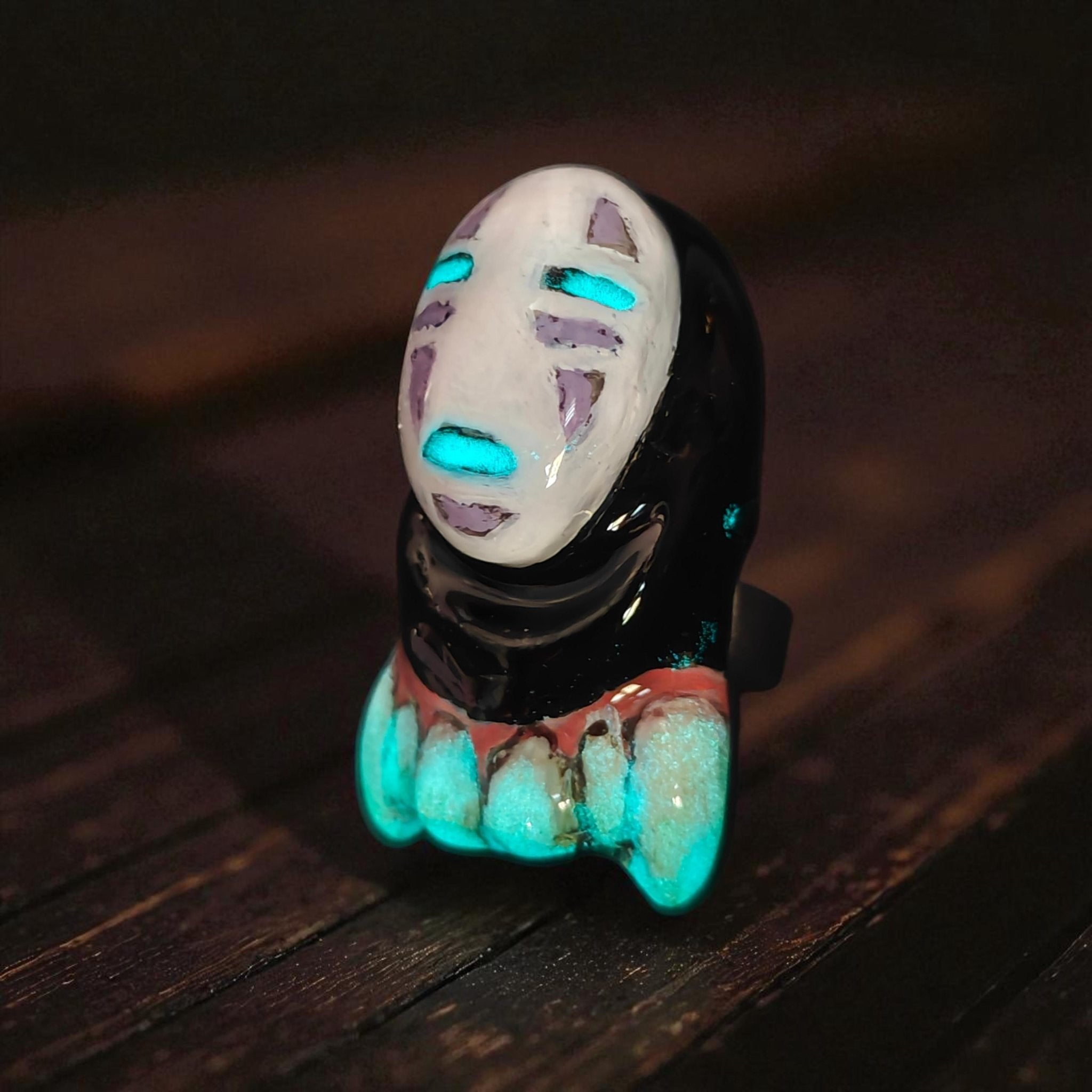 No Face Glow Ring – Handmade Clay Dark Surreal Statement Jewelry, Sculptural Fantasy Wearable Art on Adjustable Stainless Steel Band OOAK