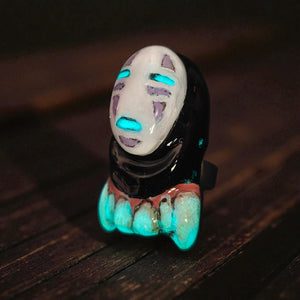 No Face Glow Ring – Handmade Clay Dark Surreal Statement Jewelry, Sculptural Fantasy Wearable Art on Adjustable Stainless Steel Band OOAK