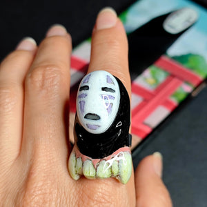 No Face Glow Ring – Handmade Clay Dark Surreal Statement Jewelry, Sculptural Fantasy Wearable Art on Adjustable Stainless Steel Band OOAK