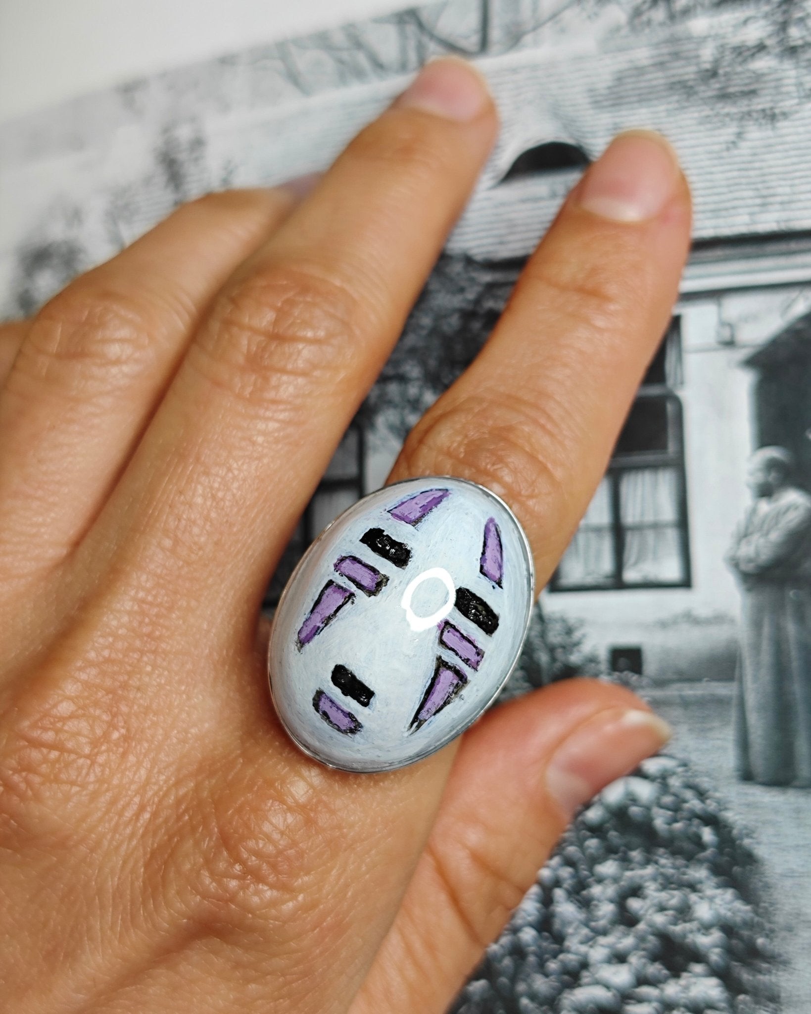No - Face Ring – Handmade Clay & Resin Surreal Statement Jewelry with Adjustable Stainless Steel Band - SAMA