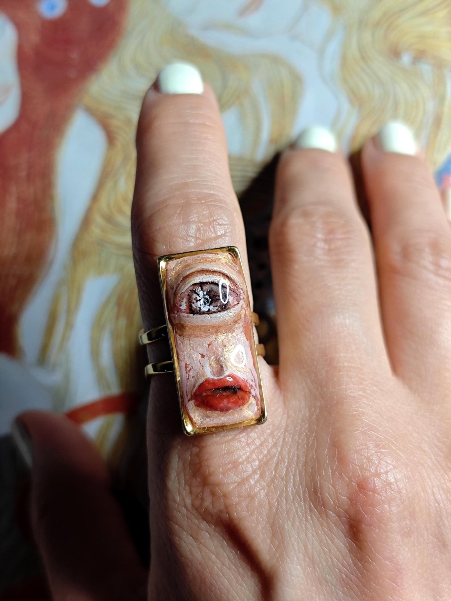 One Eye Face Ring – Handmade Clay & Resin Dark Surreal Statement Jewelry, Sculptural Fantasy Wearable Art on Adjustable Stainless Steel Band