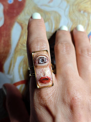 One Eye Face Ring – Handmade Clay & Resin Dark Surreal Statement Jewelry, Sculptural Fantasy Wearable Art on Adjustable Stainless Steel Band