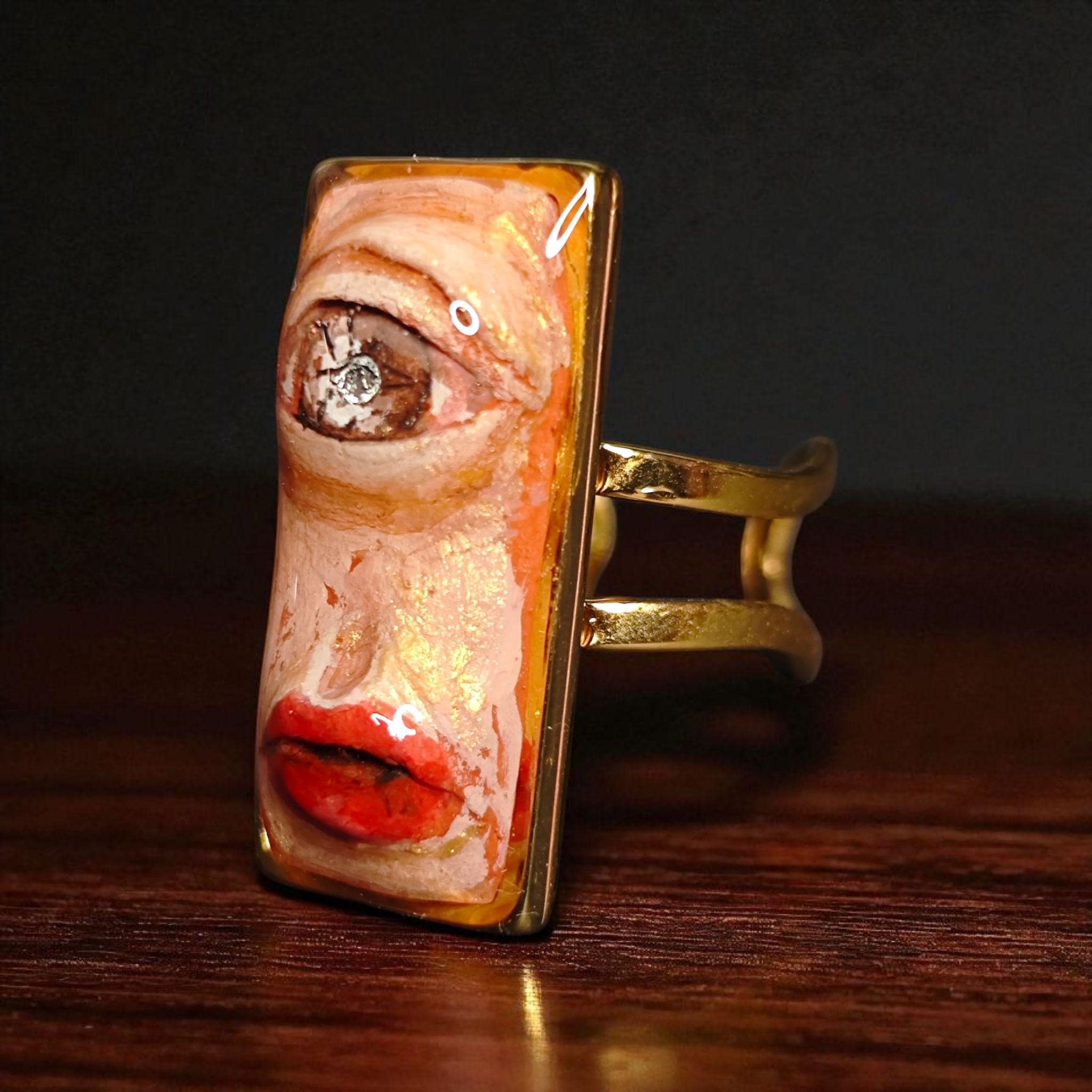 One Eye Face Ring – Handmade Clay & Resin Dark Surreal Statement Jewelry, Sculptural Fantasy Wearable Art on Adjustable Stainless Steel Band