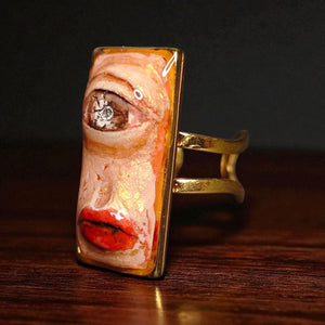 One Eye Face Ring – Handmade Clay & Resin Dark Surreal Statement Jewelry, Sculptural Fantasy Wearable Art on Adjustable Stainless Steel Band