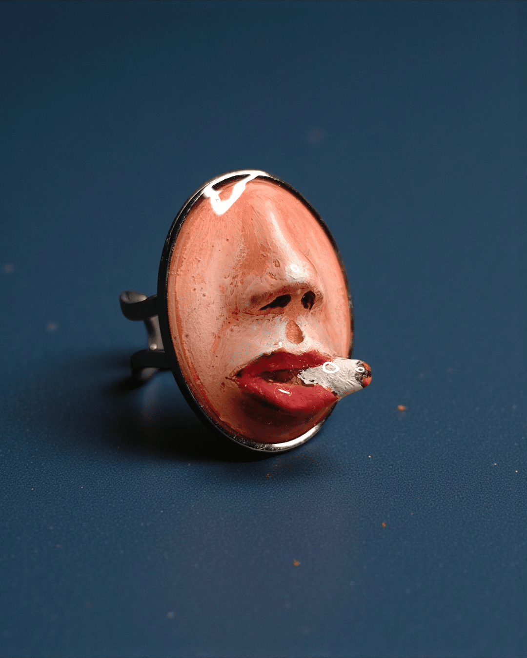 Oval Smoking Cigar Ring – Handmade Clay & Resin Surreal Statement Jewelry with Adjustable Stainless Steel Band - SAMA