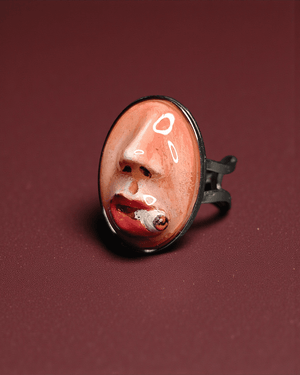Oval Smoking Cigar Ring – Handmade Clay & Resin Surreal Statement Jewelry with Adjustable Stainless Steel Band - SAMA