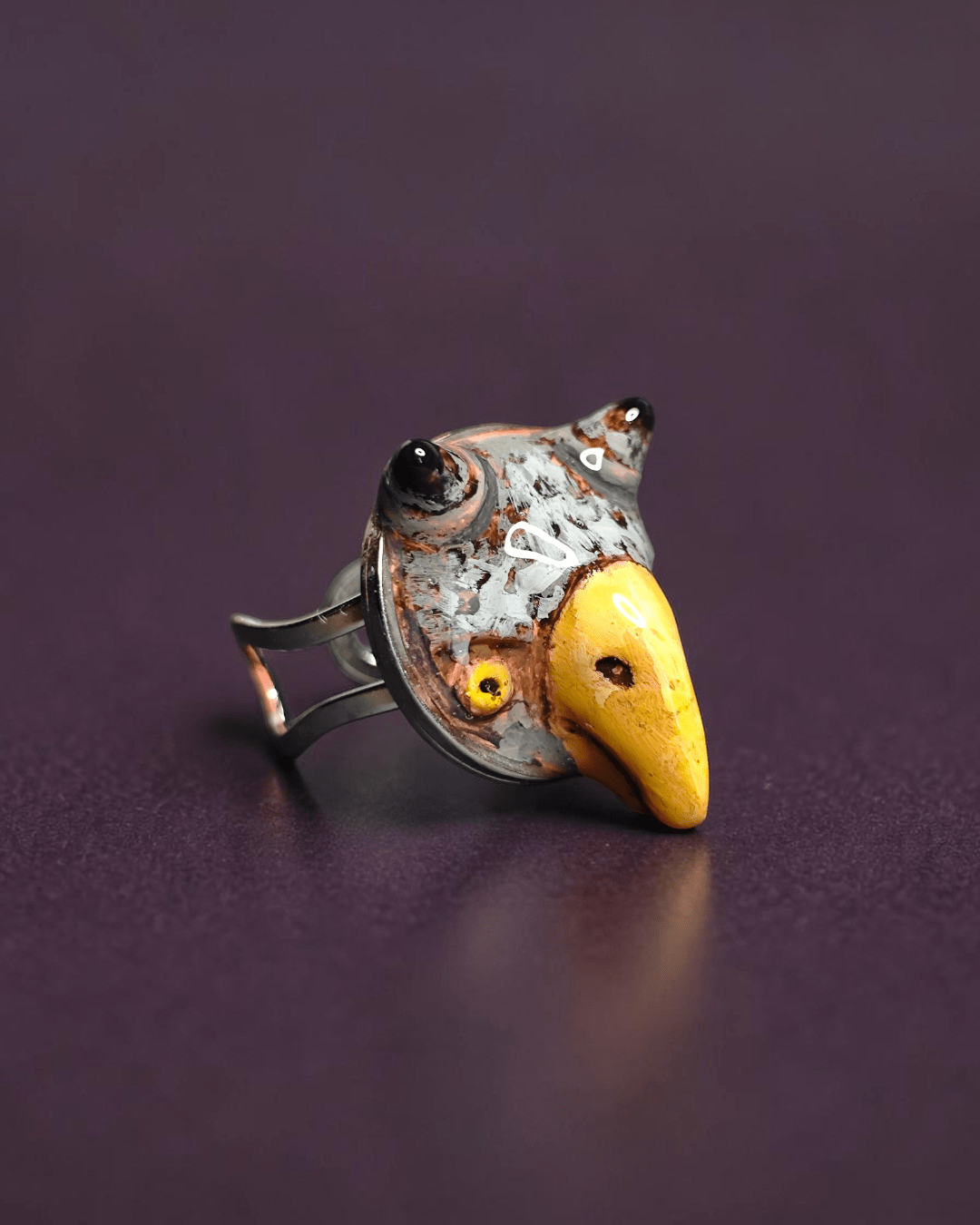 Owl Chimera Ring – Handmade Clay & Resin Surreal Statement Jewelry with Adjustable Stainless Steel Band - SAMA