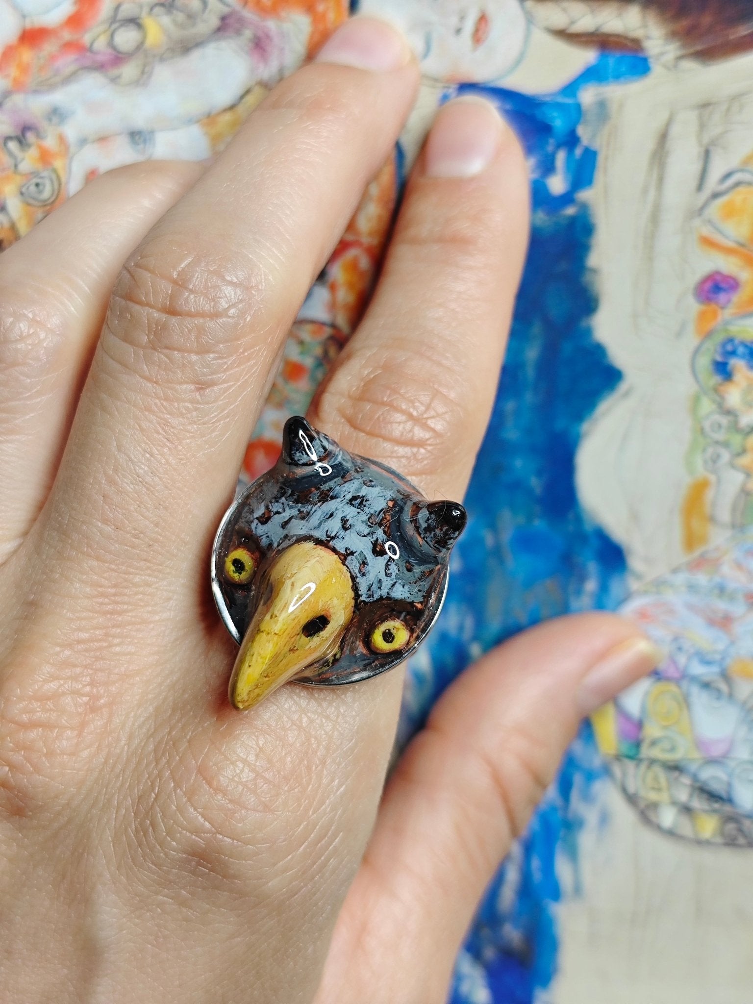 Owl Chimera Ring – Handmade Clay & Resin Surreal Statement Jewelry with Adjustable Stainless Steel Band - SAMA