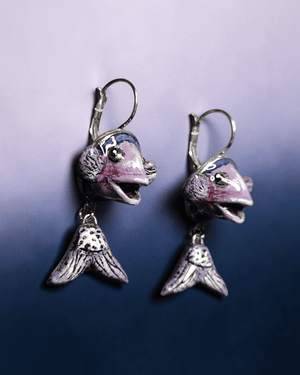 Pair of Fish Earrings – Handmade Clay & Resin Surreal Statement Jewelry, Sculptural Fantasy Wearable Art with Stainless Steel Hooks - SAMA