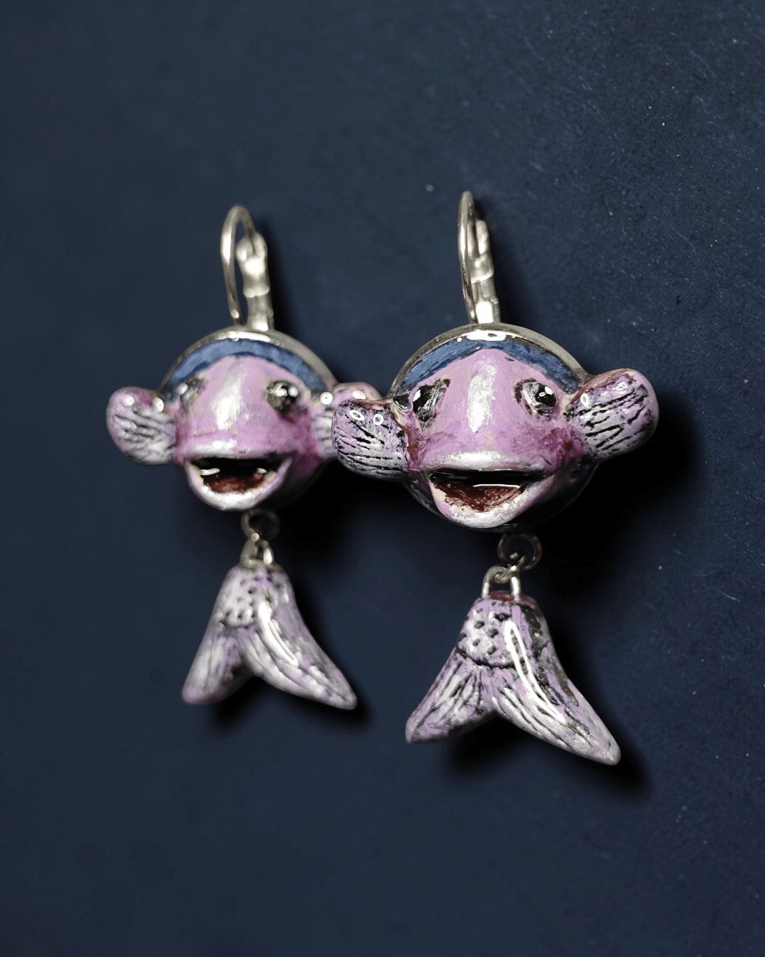 Pair of Fish Earrings – Handmade Clay & Resin Surreal Statement Jewelry, Sculptural Fantasy Wearable Art with Stainless Steel Hooks - SAMA