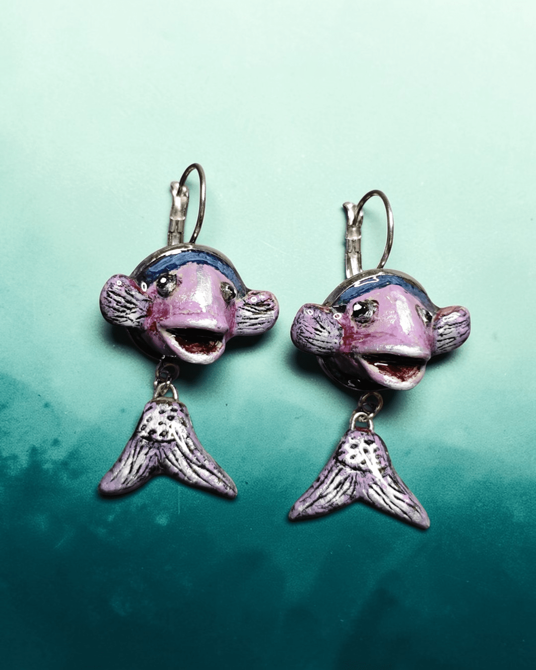 Pair of Fish Earrings – Handmade Clay & Resin Surreal Statement Jewelry, Sculptural Fantasy Wearable Art with Stainless Steel Hooks - SAMA