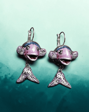 Pair of Fish Earrings – Handmade Clay & Resin Surreal Statement Jewelry, Sculptural Fantasy Wearable Art with Stainless Steel Hooks - SAMA