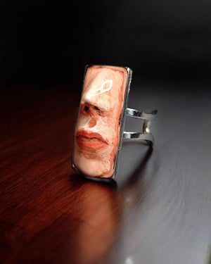 Poker Face Ring – Handmade Clay & Resin Surreal Statement Jewelry, Sculptural Wearable Art with Adjustable Stainless Steel Band