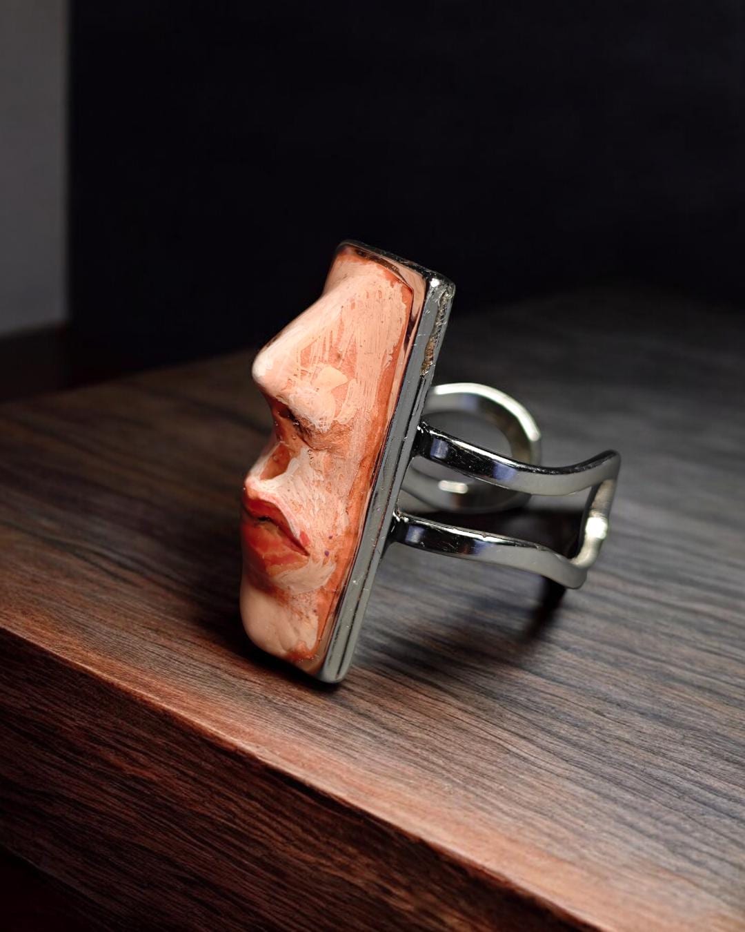 Poker Face Ring – Handmade Clay & Resin Surreal Statement Jewelry, Sculptural Wearable Art with Adjustable Stainless Steel Band