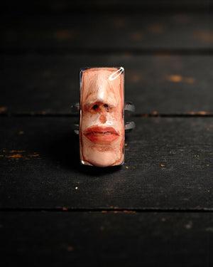 Poker Face Ring – Handmade Clay & Resin Surreal Statement Jewelry, Sculptural Wearable Art with Adjustable Stainless Steel Band