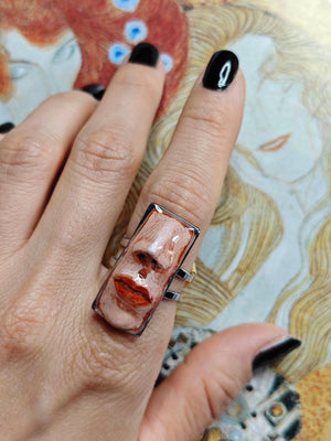 Poker Face Ring – Handmade Clay & Resin Surreal Statement Jewelry, Sculptural Wearable Art with Adjustable Stainless Steel Band