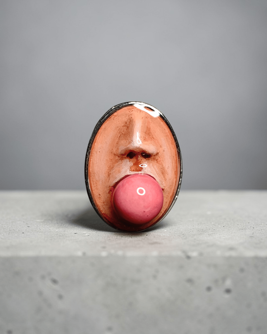 Popping Gum Oval Frame Ring – Handmade Clay & Resin Surreal Statement Jewelry, Sculptural Fantasy Wearable Art with Adjustable Stainless Steel Band - SAMA