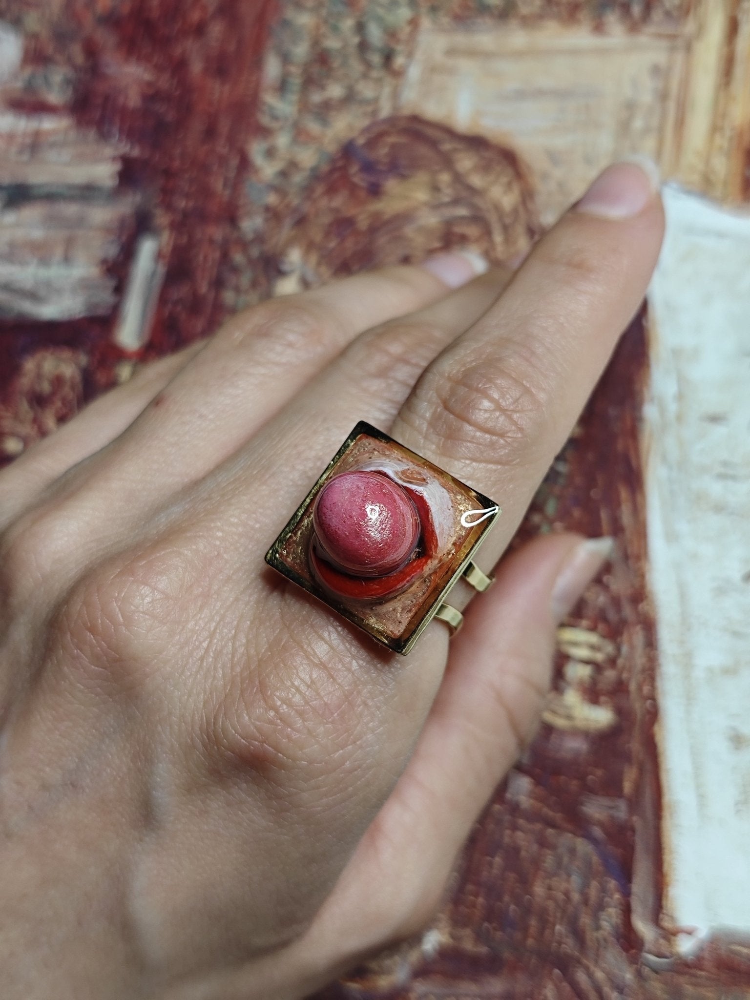 Popping Gum Square Frame Ring – Handmade Clay & Resin Surreal Statement Jewelry, Sculptural Fantasy Wearable Art with Adjustable Stainless Steel Band - SAMA