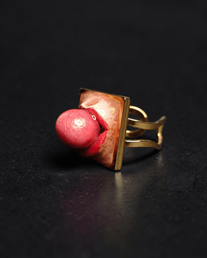 Popping Gum Square Frame Ring – Handmade Clay & Resin Surreal Statement Jewelry, Sculptural Fantasy Wearable Art with Adjustable Stainless Steel Band - SAMA