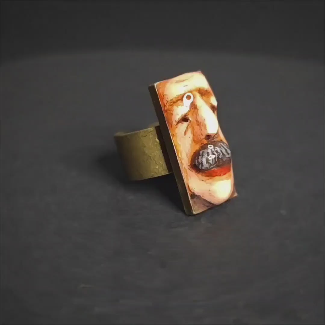Mustache Face Ring – Handmade Clay & Resin Surreal Statement Jewelry, Sculptural Wearable Art on Adjustable Copper Zinc Alloy Band OOAK