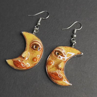 Lady Moon Earrings – Handmade Clay & Resin Surreal Statement Jewelry, Sculptural Wearable Art with Zinc Alloy Hooks OOAK