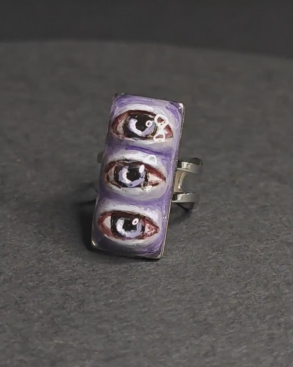 Three Eyes Purple Ring – Handmade Clay & Resin Surreal Statement Jewelry, Sculptural Fantasy Wearable Art with Adjustable Stainless Steel Band
