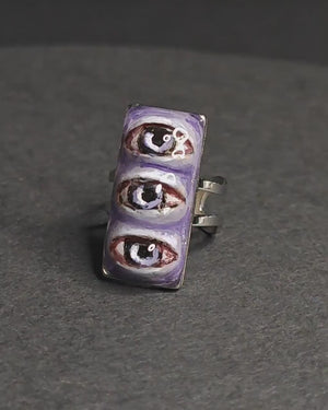 Three Eyes Purple Ring – Handmade Clay & Resin Surreal Statement Jewelry, Sculptural Fantasy Wearable Art with Adjustable Stainless Steel Band