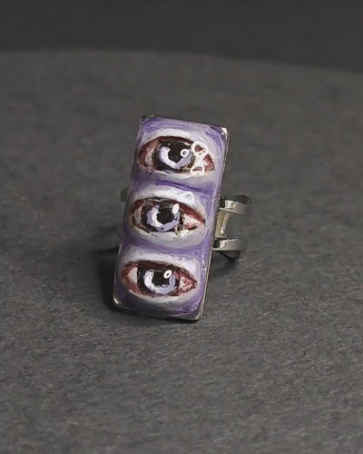 Three Eyes Purple Ring – Handmade Clay & Resin Surreal Statement Jewelry, Sculptural Fantasy Wearable Art with Adjustable Stainless Steel Band