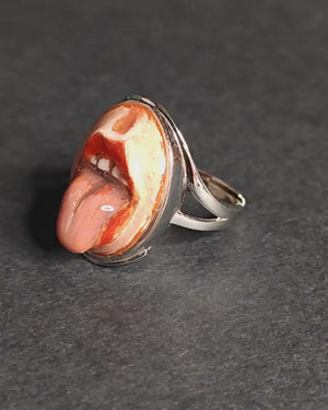 Tongue Out Ring – Handmade Clay & Resin Surreal Statement Jewelry, Sculptural Fantasy Wearable Art on Sterling Silver S925 Band