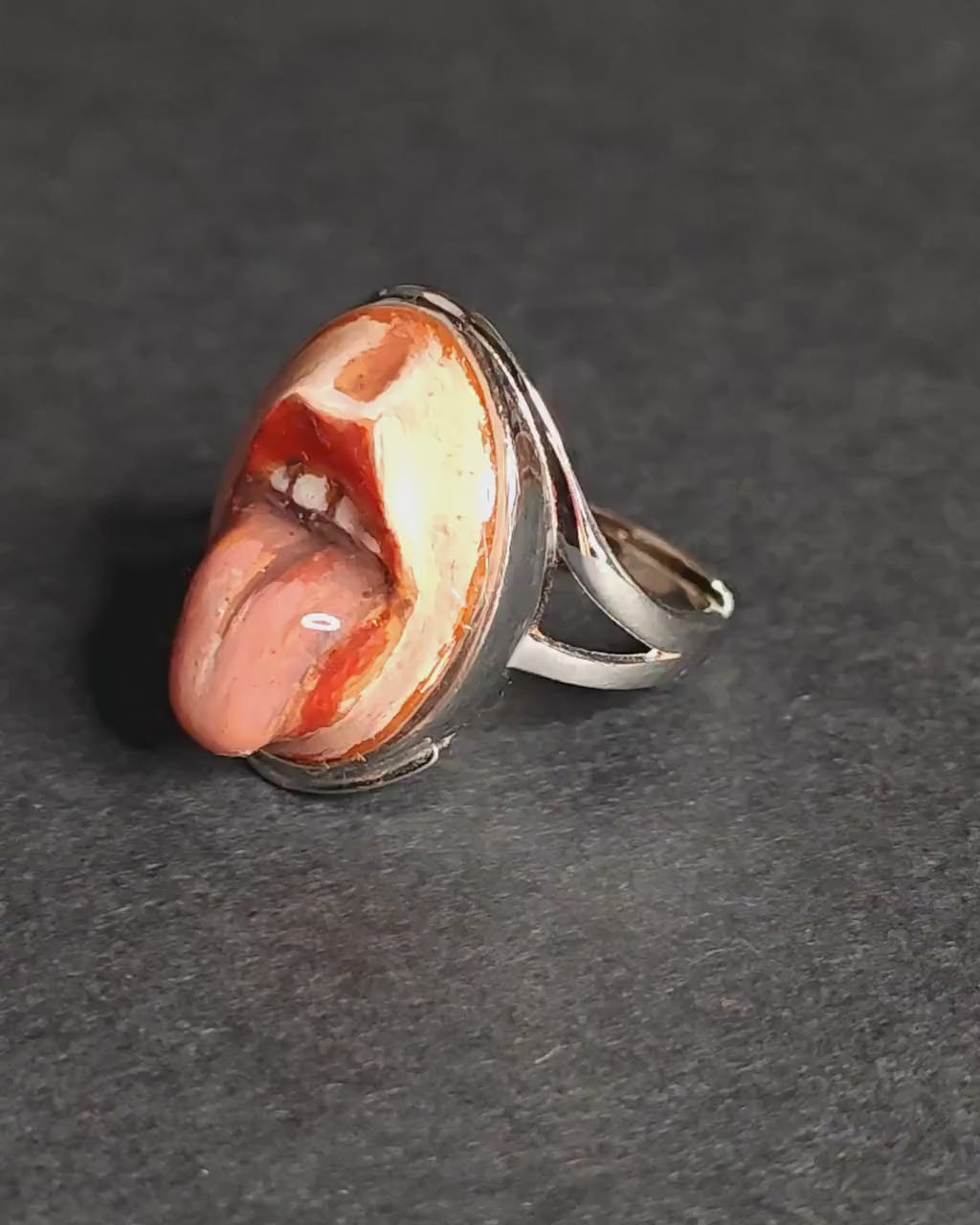 Tongue Out Ring – Handmade Clay & Resin Surreal Statement Jewelry, Sculptural Fantasy Wearable Art on Sterling Silver S925 Band