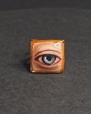 Blue Pupil Eye Ring – Handmade Clay & Resin Surreal Statement Jewelry, Sculptural Fantasy Wearable Art with Adjustable Stainless Steel Band