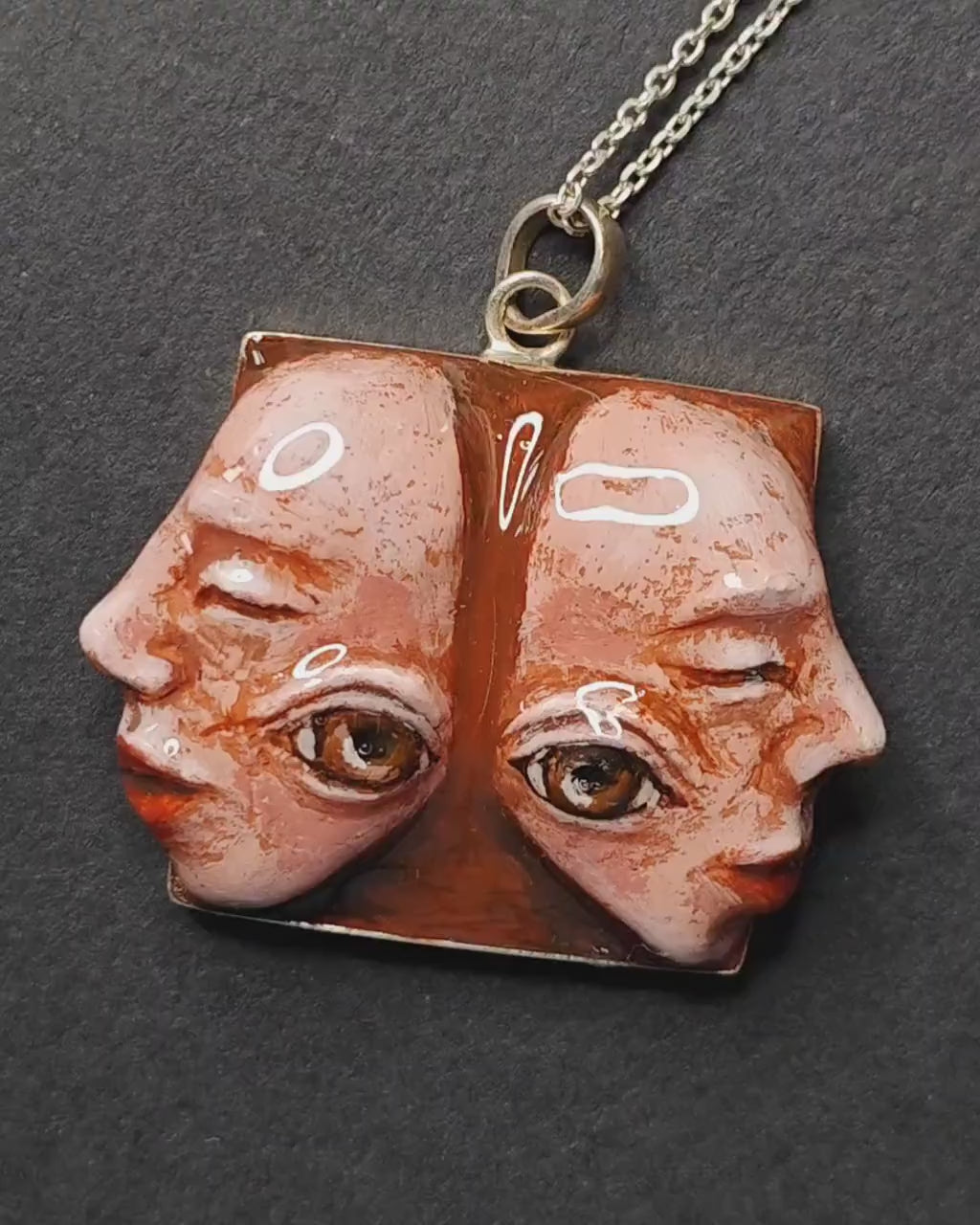 Two Faces Back-to-Back Necklace – Handmade Clay & Resin Surreal Statement Jewelry, Sculptural Wearable Art with Sterling Silver S925 Chain / Pendant OOAK