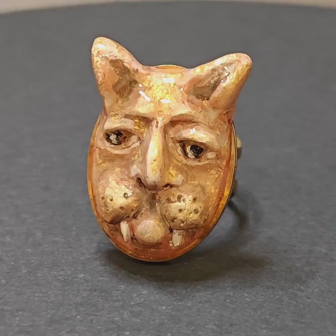 Human Cat Chimera Ring – Handmade Clay Surreal Statement Jewelry, Sculptural Fantasy Wearable Art on Adjustable Stainless Steel Band OOAK