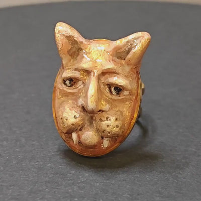 Human Cat Chimera Ring – Handmade Clay Surreal Statement Jewelry, Sculptural Fantasy Wearable Art on Adjustable Stainless Steel Band OOAK
