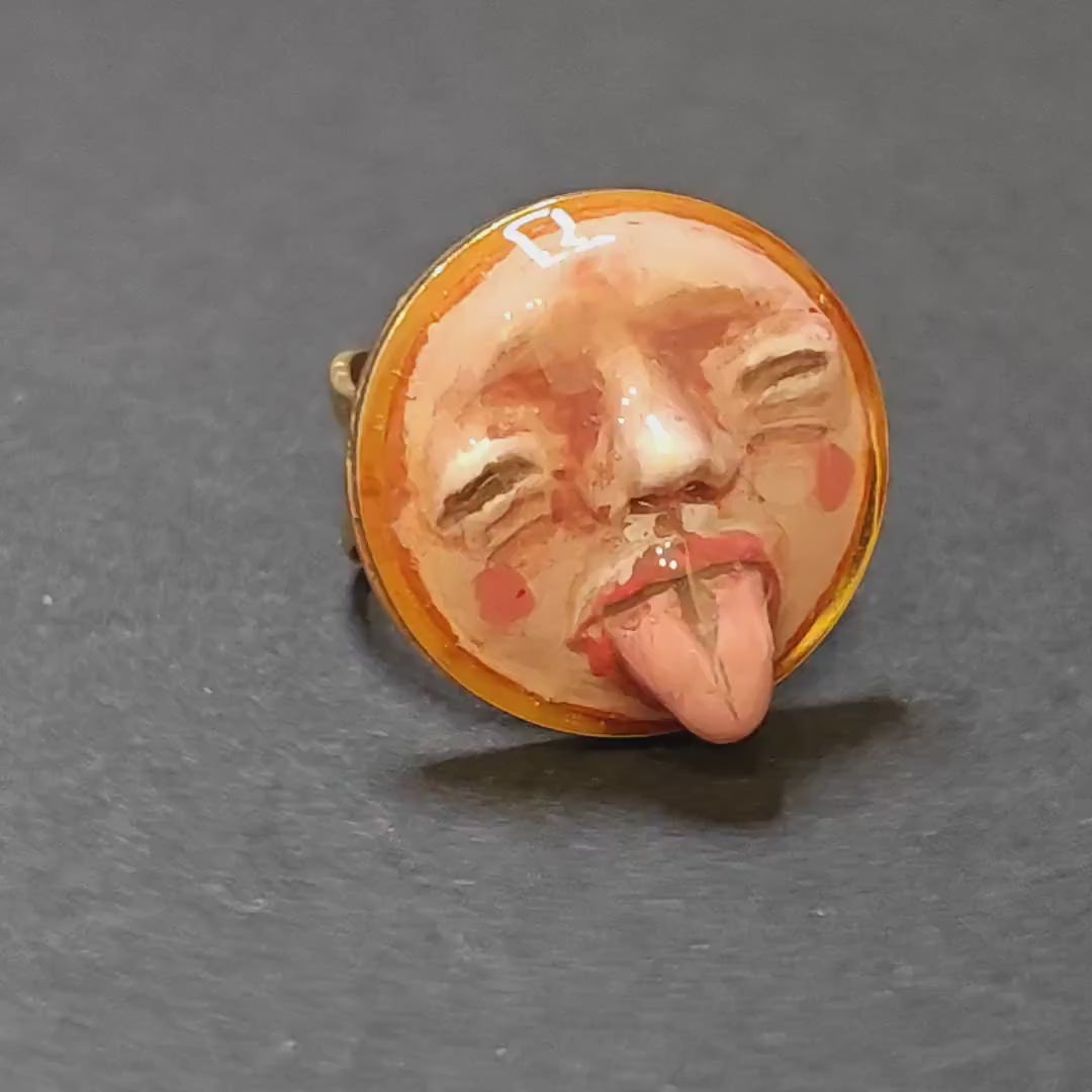 Tongue Out Face Ring – Handmade Clay & Resin Surreal Statement Jewelry, Closed Eyes Sculptural Wearable Art, Adjustable Stainless Steel Band